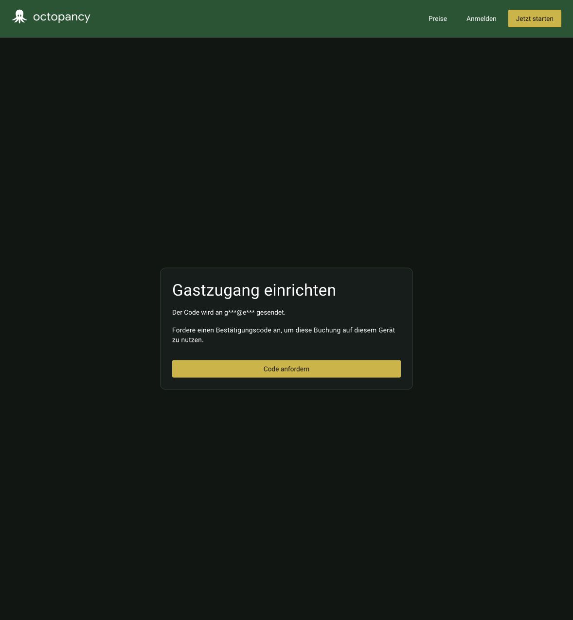 Gastzugang einrichten mit maskiertem Empfänger und der Schaltfläche Code anfordern.